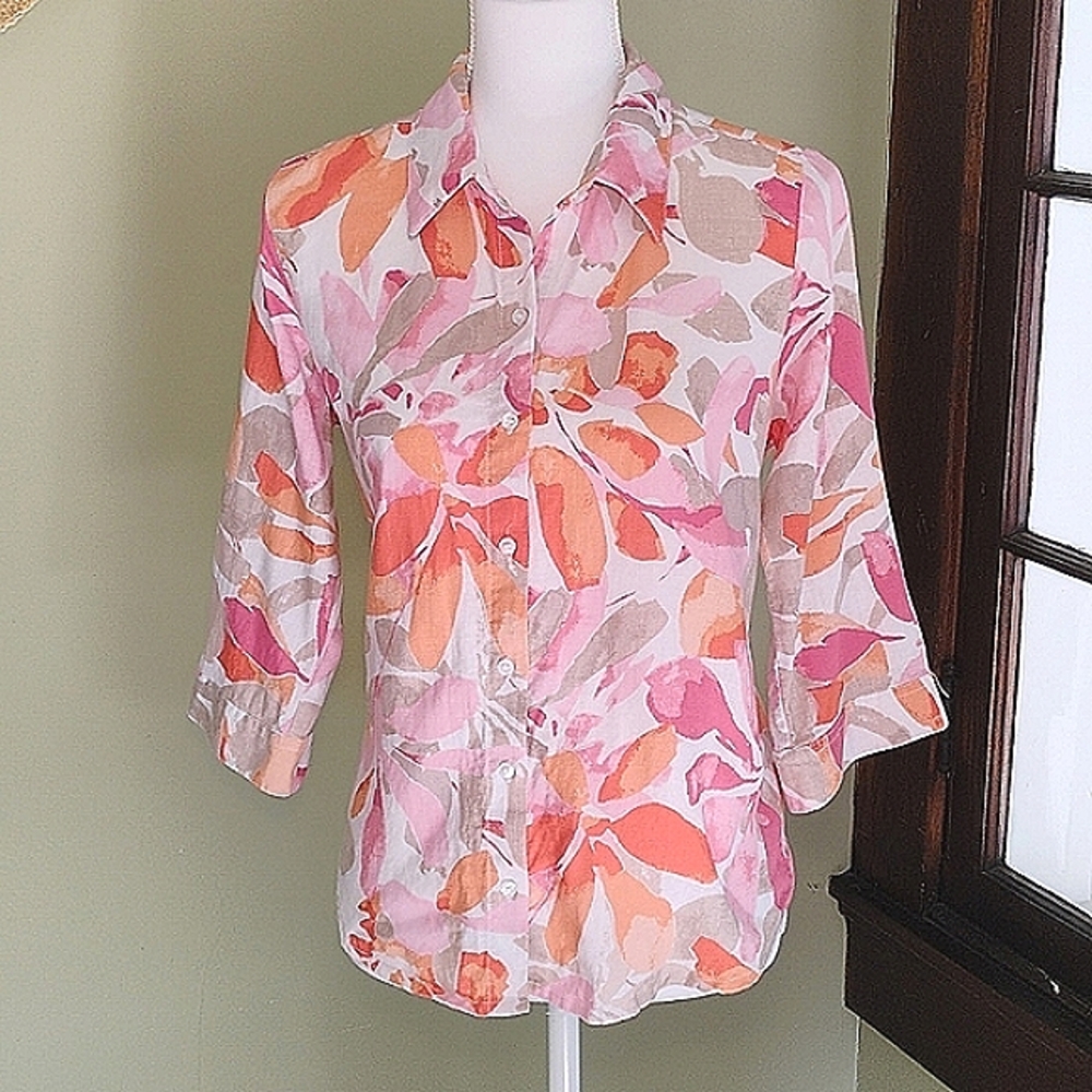 Cathy Daniels Linen Rayon Button Down Blouse Colorful Floral Vacation Size PM